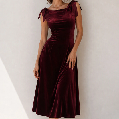 Boat Neck Bow Strap A-Line Midi Dress