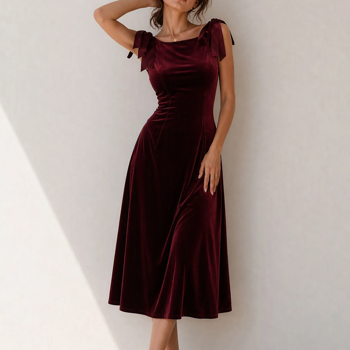 Boat Neck Bow Strap A-Line Midi Dress