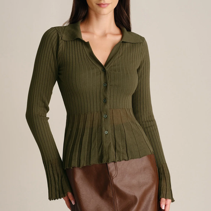 Collared Bell Sleeve Textured Knit Top Cardigan