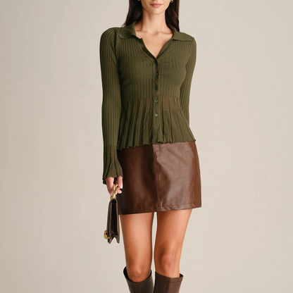 Collared Bell Sleeve Textured Knit Top Cardigan