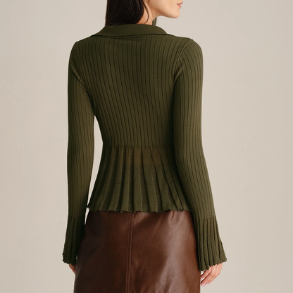 Collared Bell Sleeve Textured Knit Top Cardigan