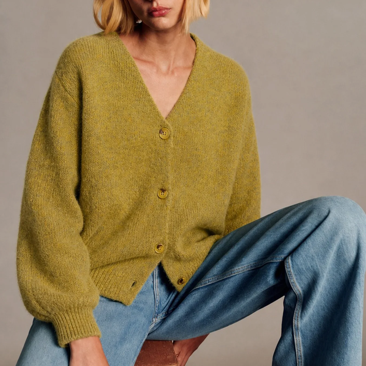 Loose V-Neck Textured Button Knit Cardigan